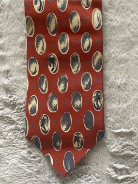 Yukiko Rust Red Silk Tie with Navy and Cream Oval Motifs